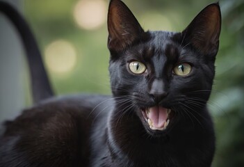 A sleek, black cat with striking yellow eyes is standing on a stone ledge