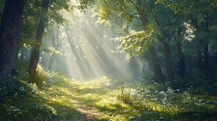 Sunbeams Filtering Through Trees in a Foggy Forest