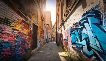 Fototapeta premium A vibrant alleyway adorned with colorful graffiti, illuminated by sunlight, showcasing urban art and a sense of creativity in a city setting.