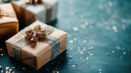 Gold and silver wrapped presents with glittering bows are placed on a blue surface with star and glitter decorations, evoking a Christmas celebration and joy.