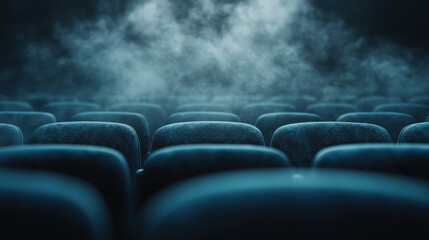 Rows of empty seats shrouded in fog, creating a tranquil and mysterious atmosphere akin to a cinematic scene set in an old, deserted theater or space.