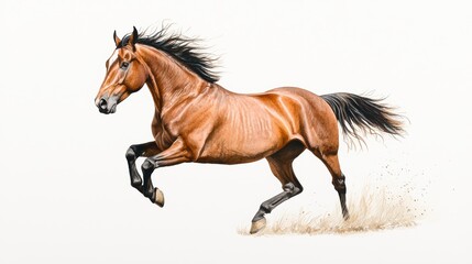 Obraz premium A powerful brown horse galloping gracefully with flowing mane on a white isolate background.