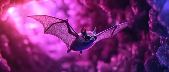 A vibrant bat flying through a colorful, luminescent cave, showcasing intricate wing details.