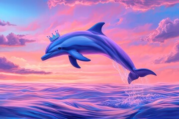 A vibrant dolphin with a crown jumping out of colorful ocean waves under a pink sunset sky.