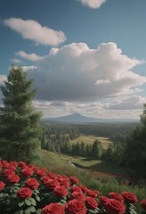 A bunch of vibrant red roses in a scenic field with mountains