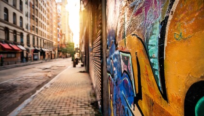 Fototapeta premium A vibrant graffiti wall in an urban setting, with a sunlit street creating a warm, inviting atmosphere.