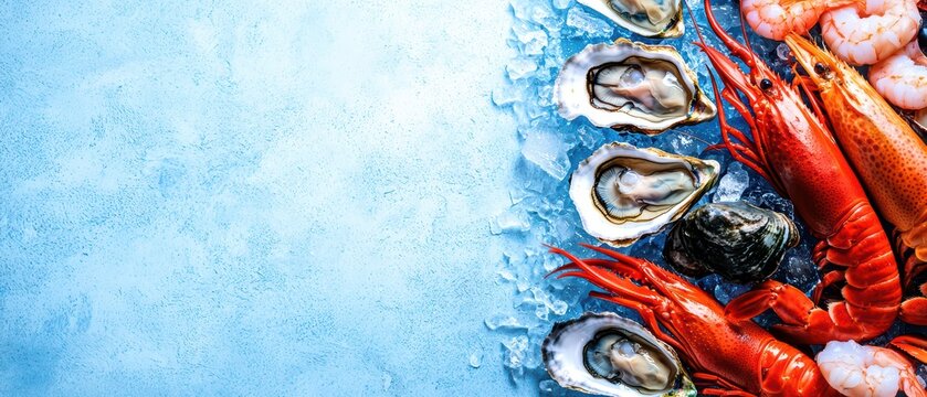 Assorted seafood on ice against a light blue background, perfect for culinary themes and food presentations.