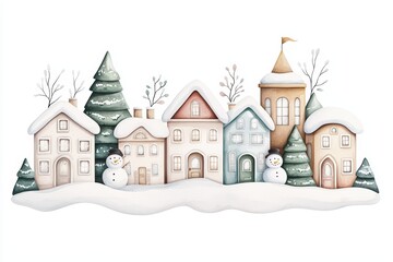 Charming winter village scene with snow-covered houses and trees on a white isolate background.