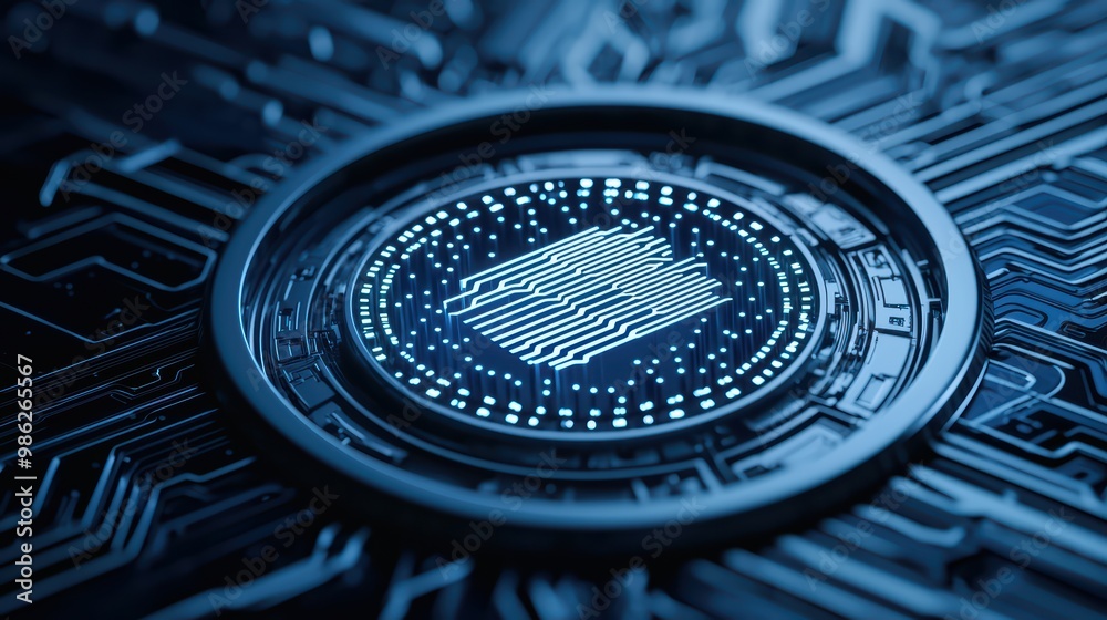 Poster close-up of a futuristic microchip on an intricate circuit board with glowing elements.
