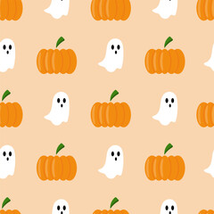 Vector seamless Halloween pattern with orange pumpkins and ghosts