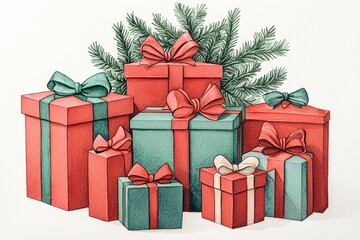 Colorful holiday gift boxes with vibrant bows and pine branches, perfect for festive celebrations.