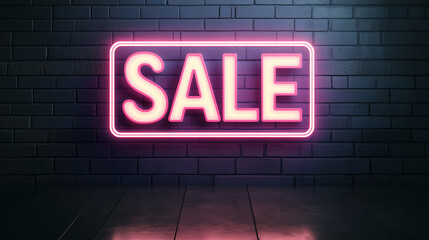 A modern neon sign with SALE in bold letters, glowing against a dark brick wall, copy space below for additional text, minimalist design, urban aesthetic