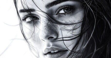 Fototapeta premium A black and white illustration of a woman's head with flowing hair, as if caught by a gentle breeze. A sense of quiet elegance and timeless grace, a subtle balance between strength and softness.