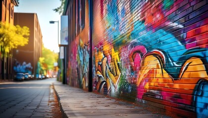 Fototapeta premium A vibrant urban alley featuring colorful graffiti on brick walls, with sunlight illuminating the scene and greenery in the background.