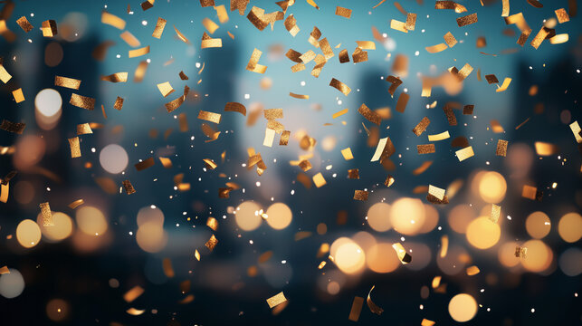 Golden confetti raining down against a blurred urban cityscape at night, vibrant lights in the background, festive marketing for celebrations, realistic lighting