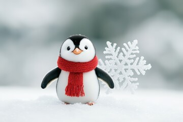 Cute penguin in a red scarf surrounded by snowflakes on a wintry background.