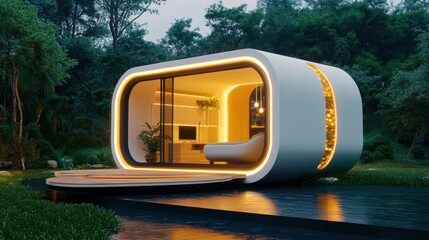 Futuristic Eco Friendly Glamping Cabin Nestled in Serene Forest Retreat