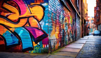 Obraz premium A vibrant alleyway featuring colorful graffiti art on the brick wall, showcasing creative expression and urban culture.