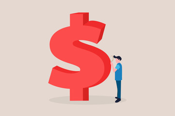 Businessman with magnifying glass looking for dollar. concept of Money check, financial and money saving tips