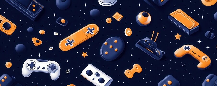 Colorful seamless pattern with retro video game controllers and objects on a dark blue background.