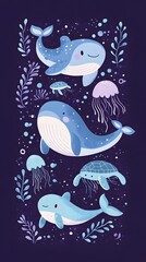 A cute, flat illustration of an ocean scene with various sea creatures, including whales and turtles, surrounded by seaweed and jellyfish in pastel blue tones on a dark purple background, in a hand-dr