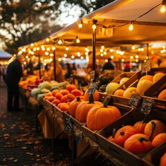 Vibrant farmers market with fresh produce and string lights, creating a cozy autumn atmosphere.