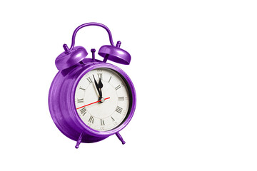 retro clock, pointer clock, purple color alarm clock on isolated white background close up
