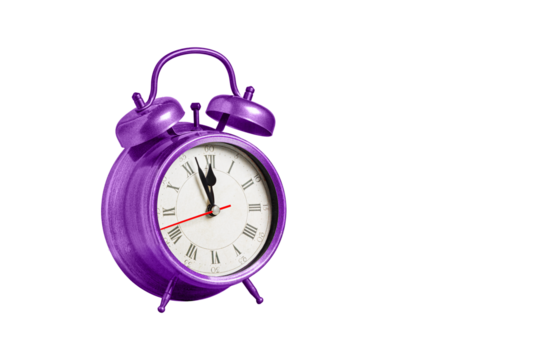 retro clock, pointer clock, purple color alarm clock on isolated white background close up