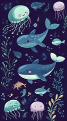Obraz premium A cute, flat illustration of an ocean scene with various sea creatures, including whales and turtles, surrounded by seaweed and jellyfish in pastel blue tones on a dark purple background, in a hand-dr
