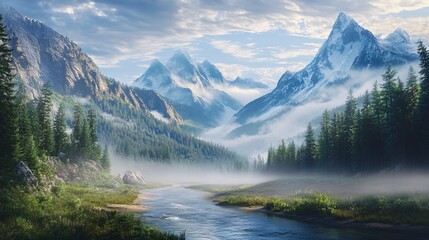 Fototapeta premium Majestic Mountain Range with Fog and River
