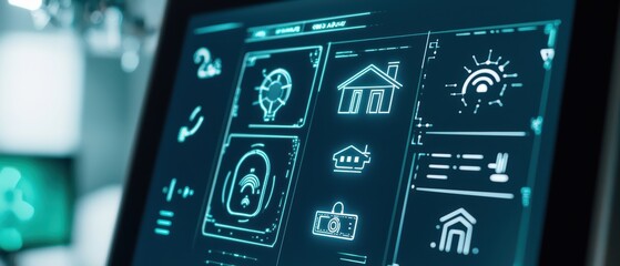 Digital dashboard displaying various smart home controls and metrics, futuristic design on a dark screen.