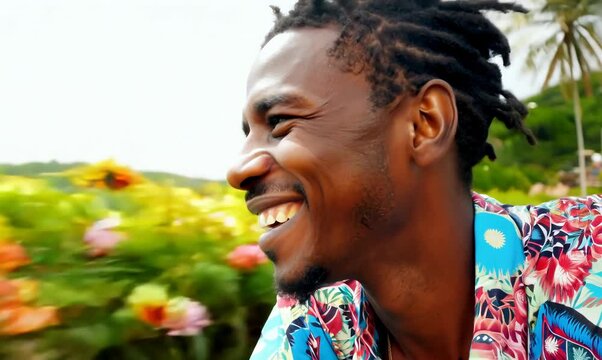 Joyful Haitian Man Coasting Downhill on Bicycle in Vibrant Landscape