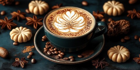 hot coffee with pumpkin spice design for a warm autumn/ winter - ai generated
