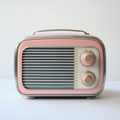 Retro pink and gray radio with vintage knobs on minimalist background

