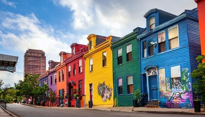 Obraz premium A vibrant street scene featuring colorful houses painted in various hues, showcasing urban art and a lively atmosphere.