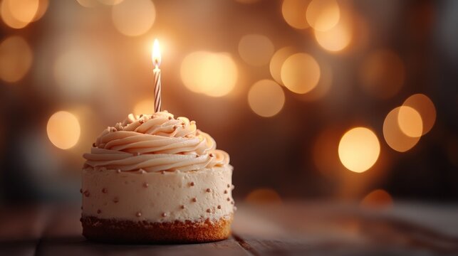 Single lit candle on a delicious birthday cake with a bokeh background. - Powered by Adobe