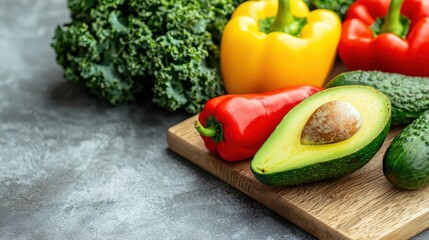 Fresh vegetables including avocado, peppers, and kale arranged on a wooden board.
