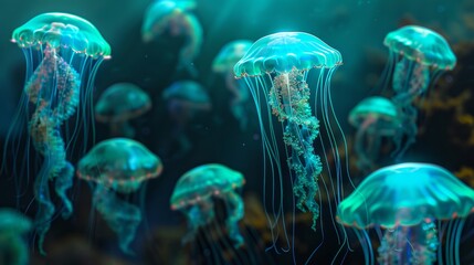 Obraz premium Group of Glowing Jellyfish Illuminating the Dark Ocean Environment