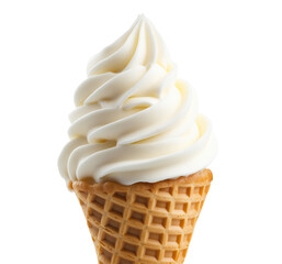 Vanilla soft serve ice cream in a crispy waffle cone on transparent background.