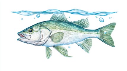 Fototapeta premium Illustration of a bass fish swimming underwater with bubbles and clear water.