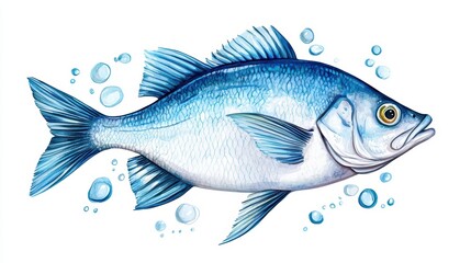 Fototapeta premium Illustration of a blue fish with bubbles on a white isolated background.