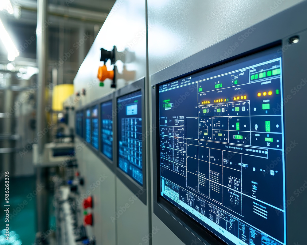 Poster modern control cabinet with digital screens displaying various data and controls in an industrial se