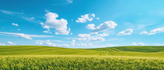 Fototapeta premium Lush green field under a bright blue sky with scattered clouds, ideal for nature and outdoor themes.