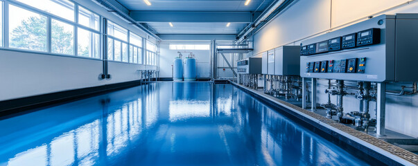 Fototapeta premium Modern water treatment plant with sleek design and advanced control systems, featuring reflective blue floor and large windows allowing natural light