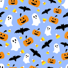 Vector seamless Halloween pattern with pumpkins, bats, ghosts and candies on a blue background