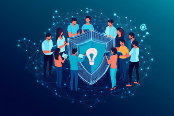 A team of people standing in front of a network, forming a human shield. Each person is holding a device, symbolizing how cybersecurity is not just about technology but also about people
