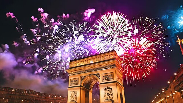 New Year fireworks display over the Arc de Triomphe in Paris, France
