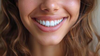 Obraz premium caucasian woman with perfect white smile, dentistry advertising