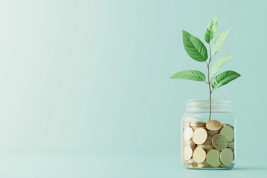 Plant growing from coins in jar symbolizing investment and sustainability on light blue background.