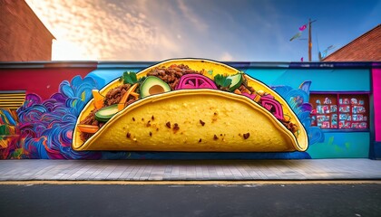 A vibrant street mural featuring a giant taco filled with fresh toppings against a colorful urban backdrop.